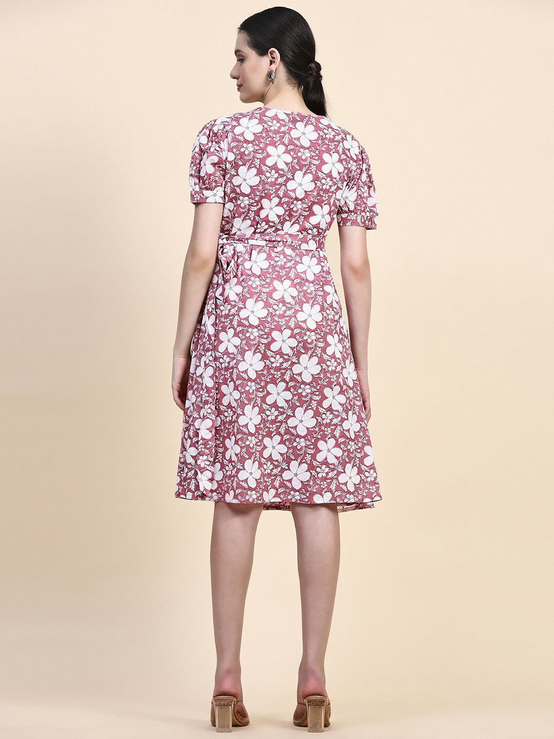Pink Floral Print Puff Sleeve Wrap Dress