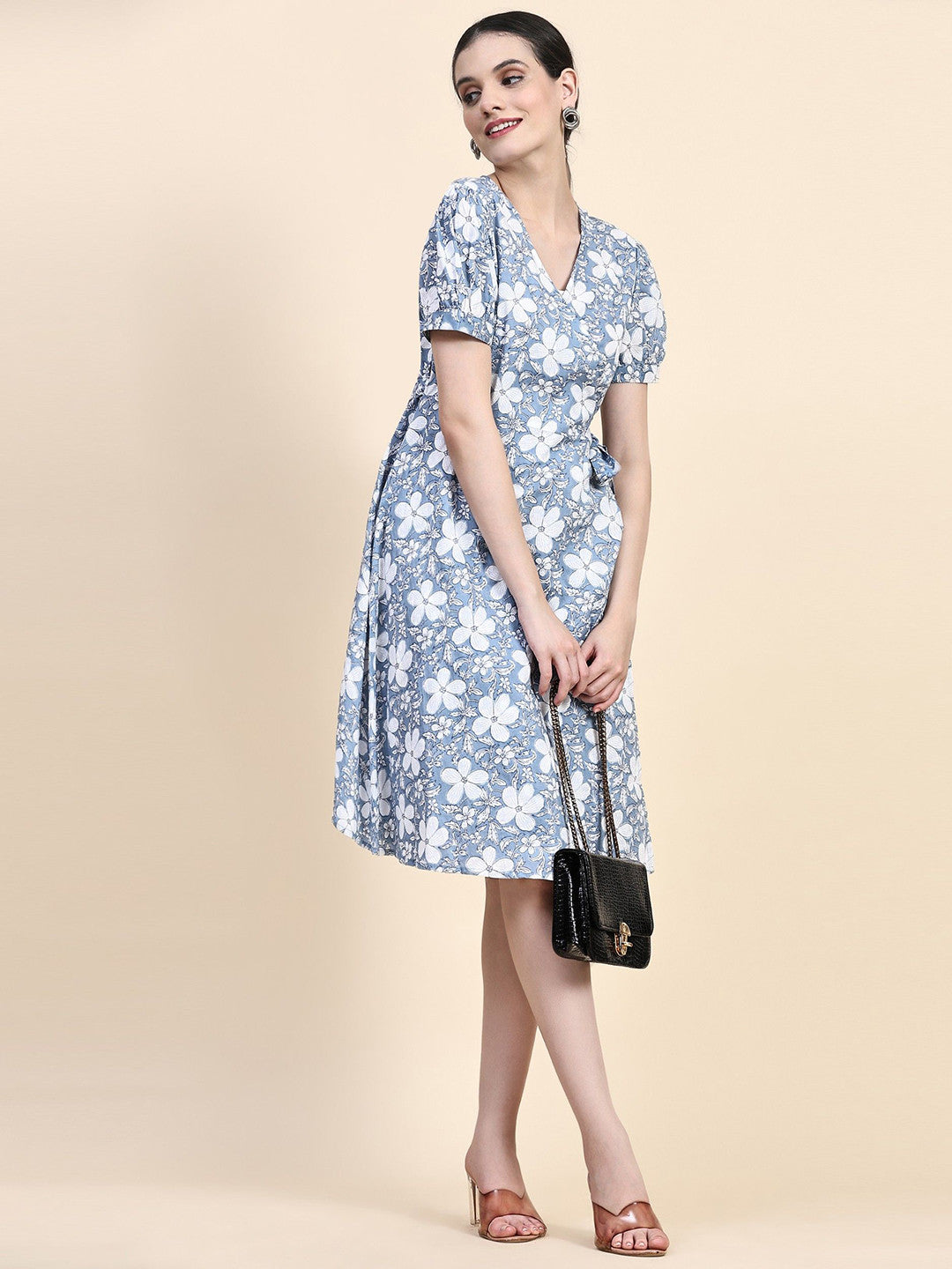 Floral Printed V-Neck Puff Sleeve Cotton Wrap Dress