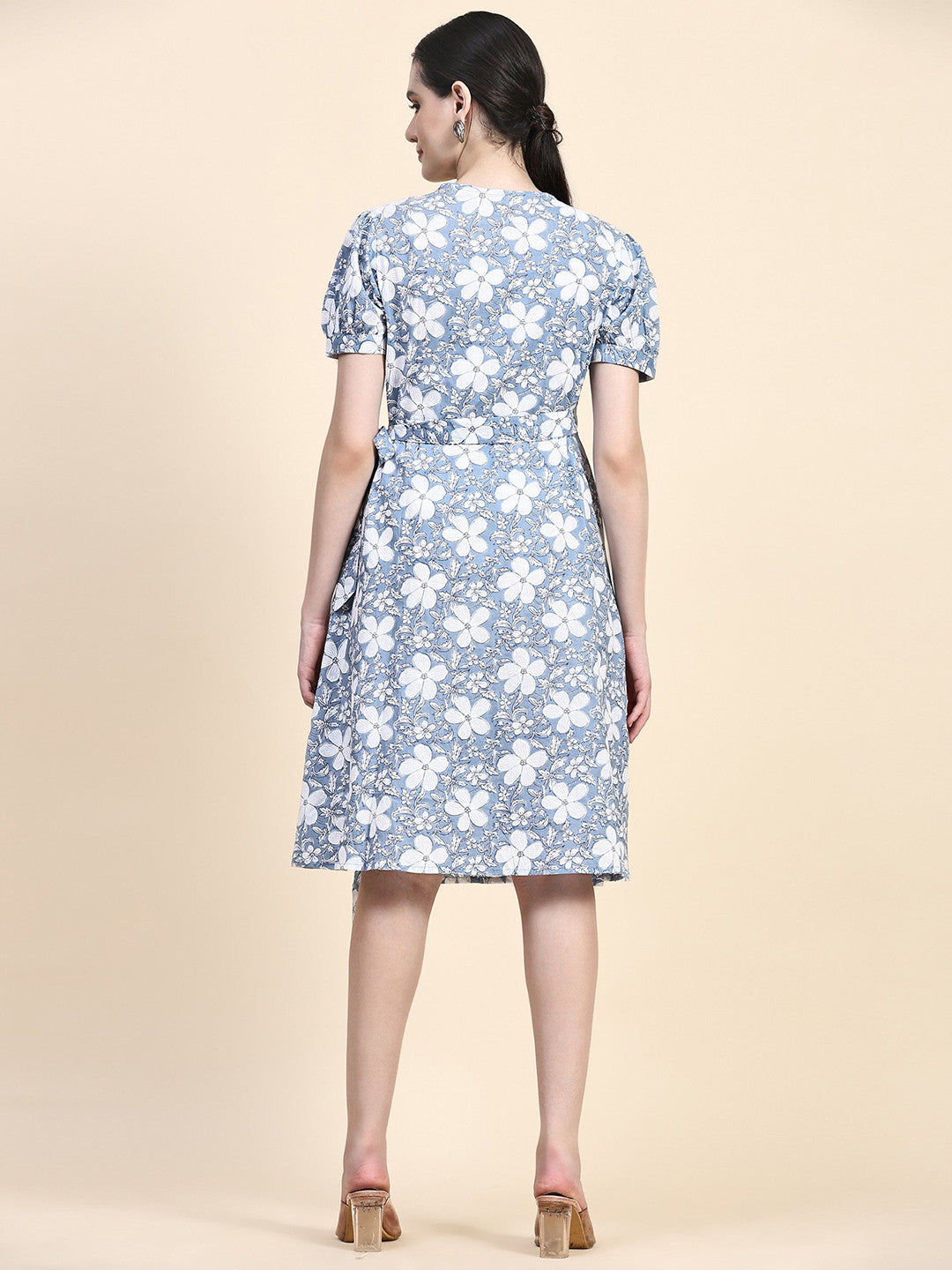 Floral Printed V-Neck Puff Sleeve Cotton Wrap Dress
