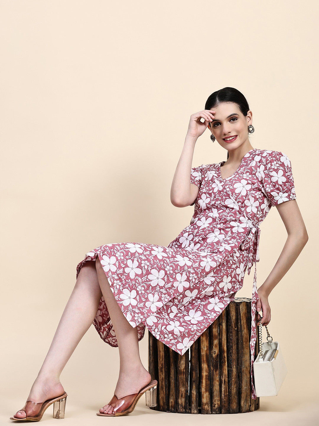 Pink Floral Print Puff Sleeve Wrap Dress