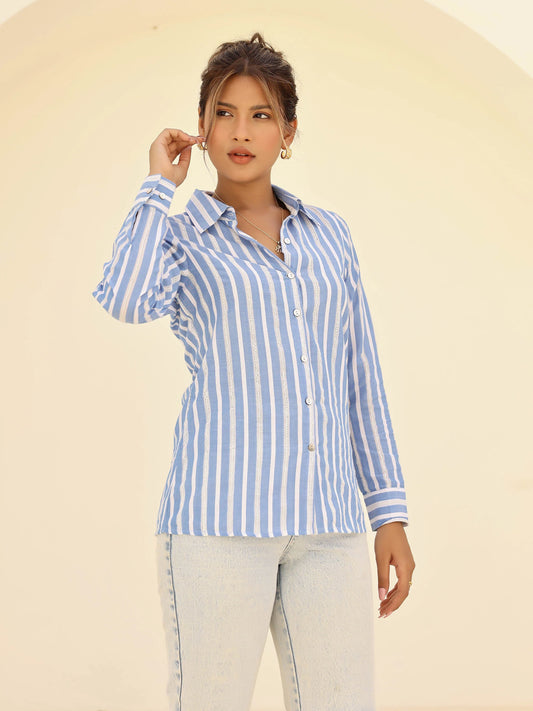 Blue & White Striped Lace Design Shirt
