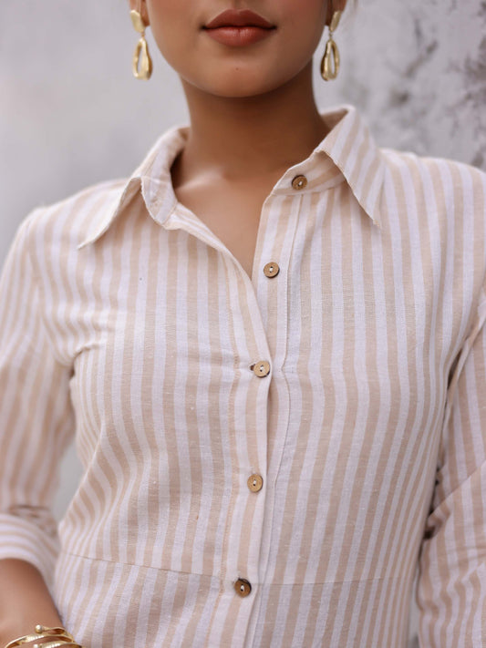 Beige Striped Fitted Side Slit Shirt Dress