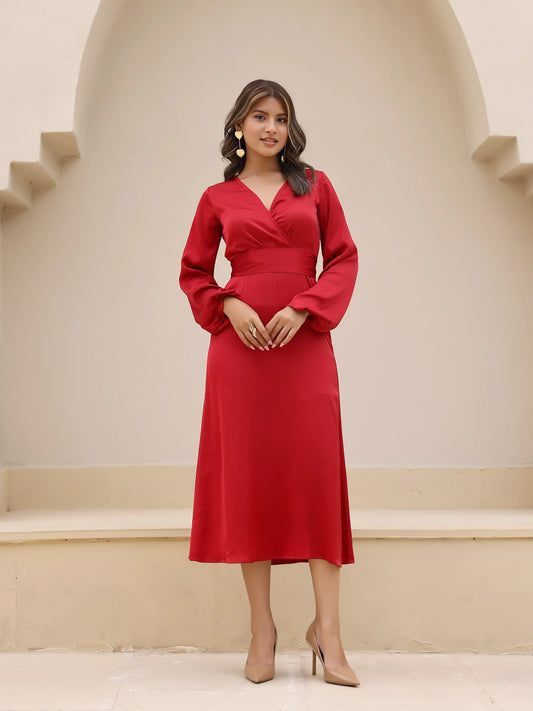 Red Satin Long Sleeve Maxi Dress