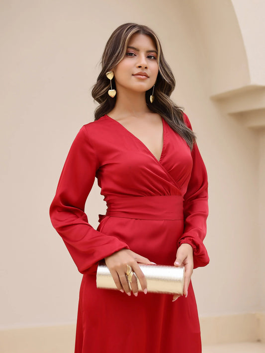 Red Satin Long Sleeve Maxi Dress