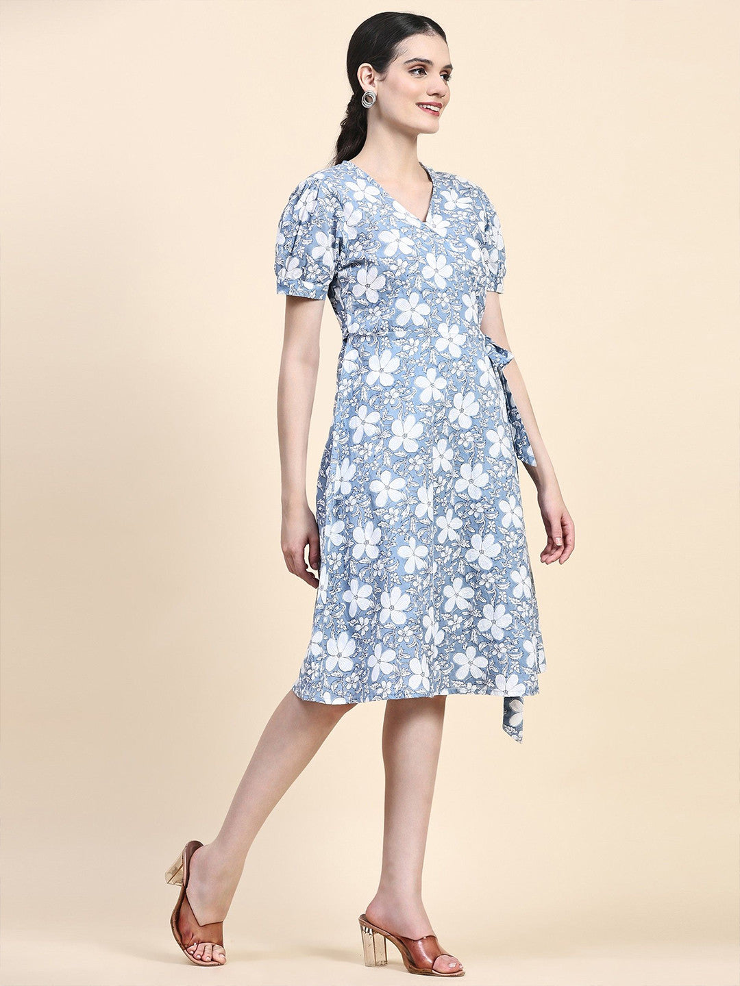 Floral Printed V-Neck Puff Sleeve Cotton Wrap Dress