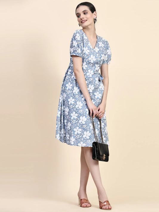 Blue Printed Wrap Around Dress