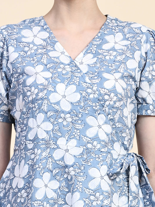 Blue Printed Wrap Around Dress