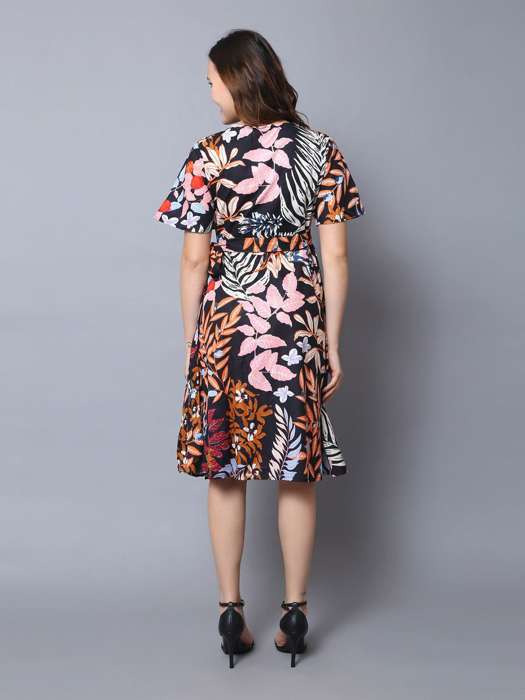 Black Tropical Printed V-Neck Flared Sleeve Wrap Dress