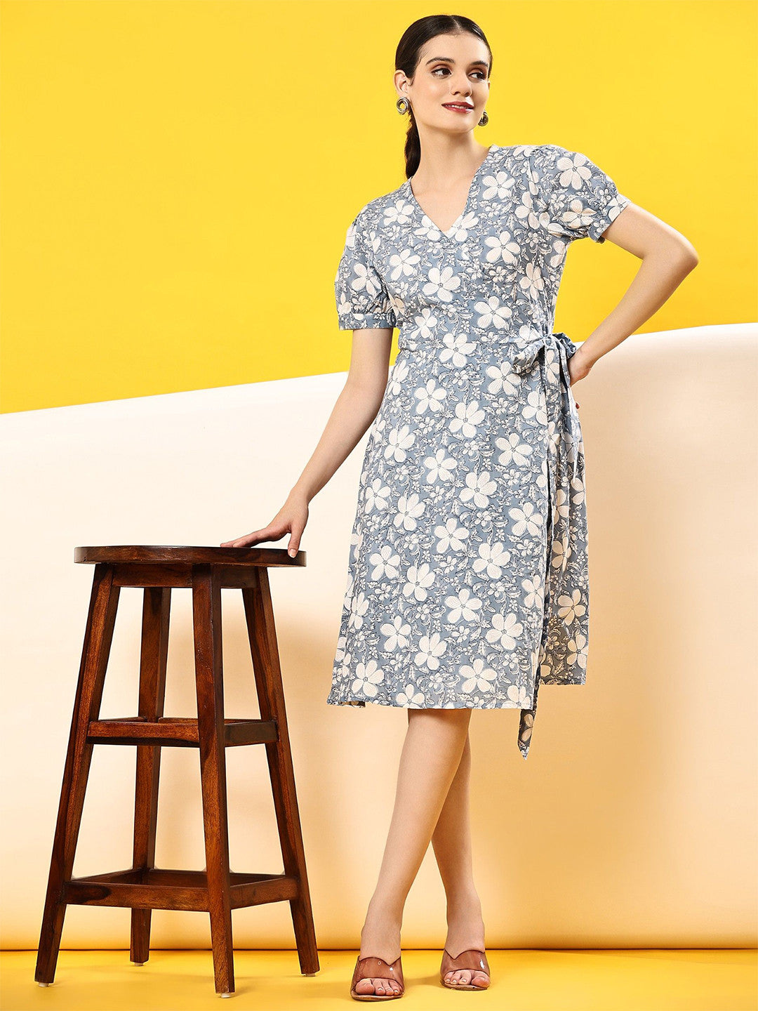 Floral Printed V-Neck Puff Sleeve Cotton Wrap Dress