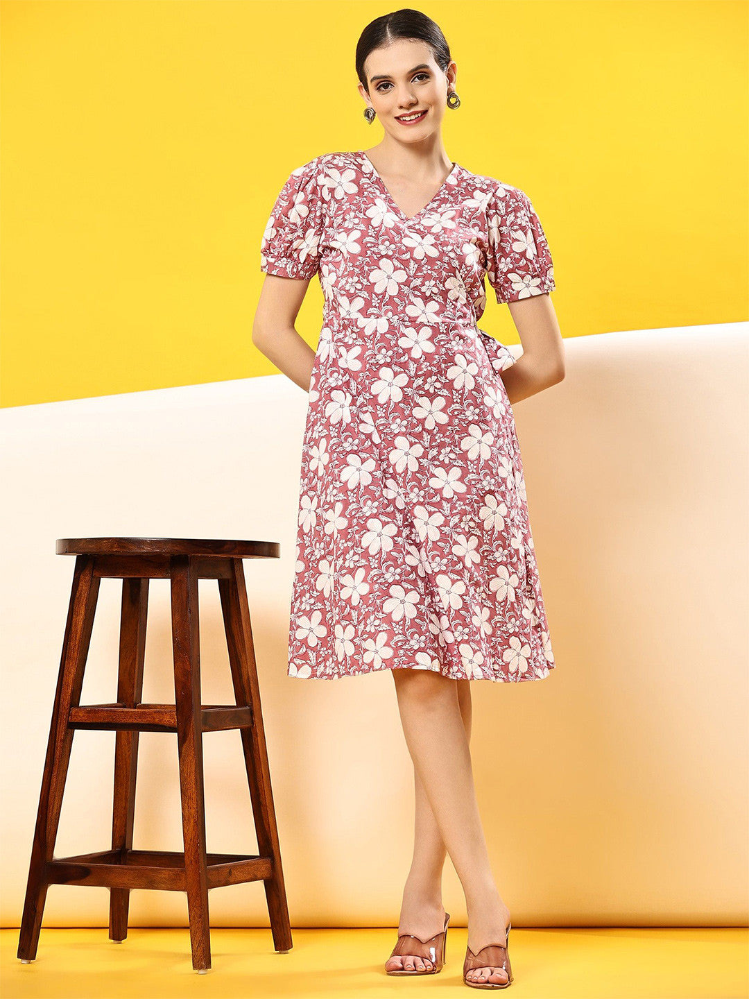 Pink Floral Print Puff Sleeve Wrap Dress