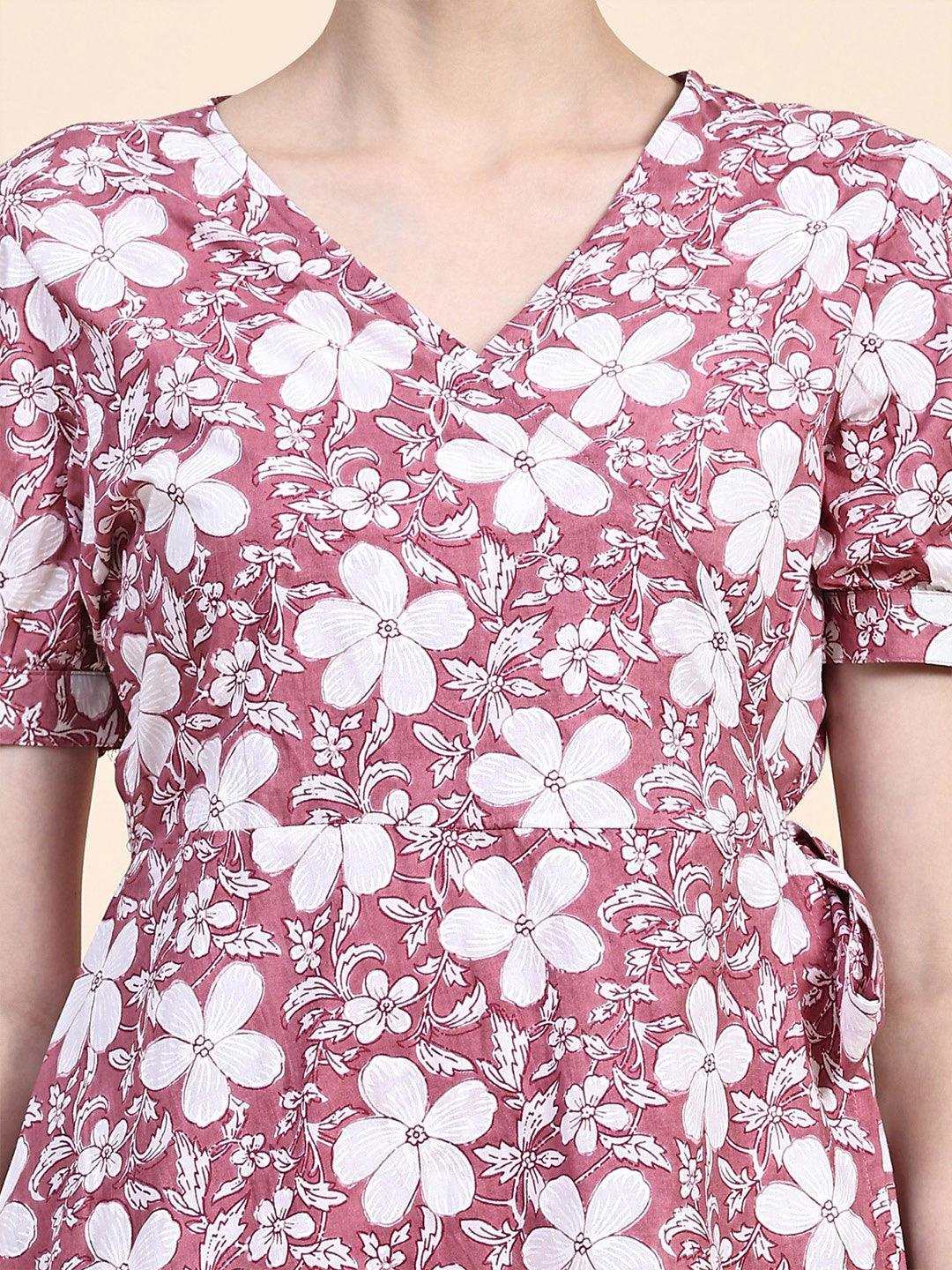 Pink Floral Print Puff Sleeve Wrap Dress
