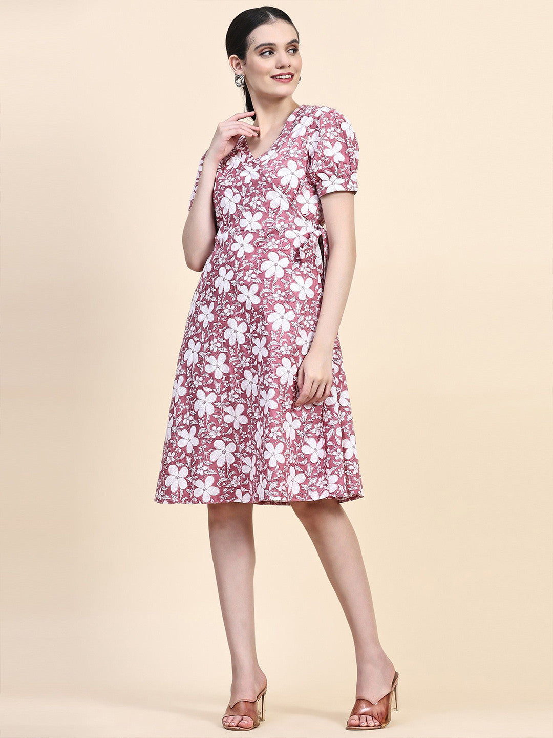 Pink Floral Print Puff Sleeve Wrap Dress